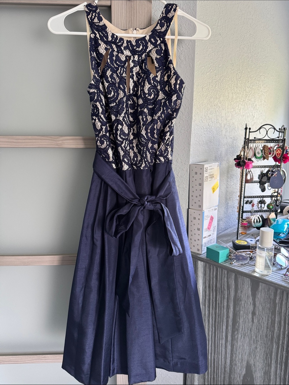 Jessica Howard Navy Dress with Cream Lace Bodice and Sash